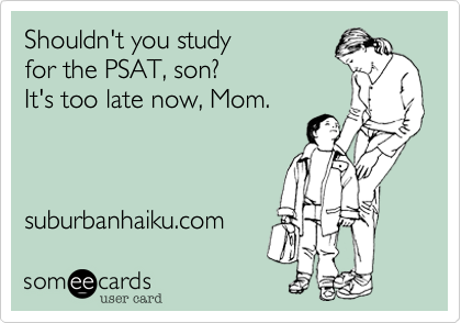 Shouldn't you study 
for the PSAT, son? 
It's too late now, Mom. 



suburbanhaiku.com