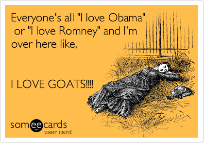 Everyone's all "I love Obama"
 or "I love Romney" and I'm
over here like,


I LOVE GOATS!!!!