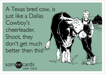 A Texas bred cow, is
just like a Dallas
Cowboy's
cheerleader,
Shoot, they
don't get much
better then this!