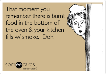 That moment you
remember there is burnt
food in the bottom of
the oven & your kitchen
fills w/ smoke.  Doh!