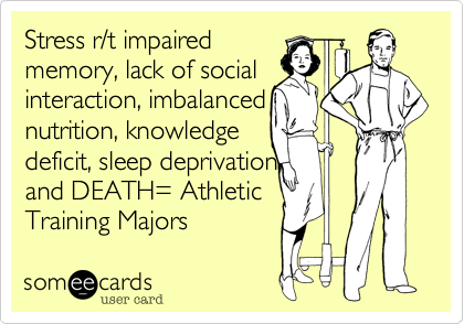 Stress r/t impaired 
memory, lack of social
interaction, imbalanced
nutrition, knowledge
deficit, sleep deprivation,
and DEATH= Athletic
Training Majors