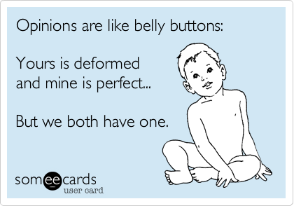Opinions are like belly buttons: 

Yours is deformed 
and mine is perfect...

But we both have one. 