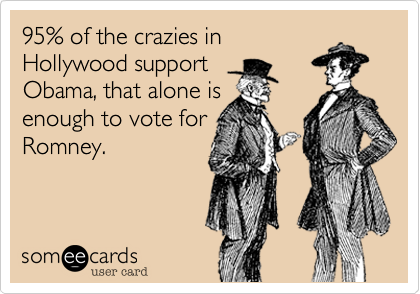 95% of the crazies in
Hollywood support
Obama, that alone is
enough to vote for
Romney.