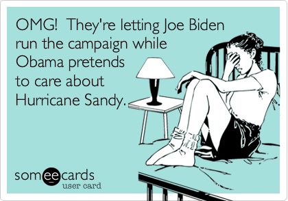 OMG!  They're letting Joe Bidenrun the campaign whileObama pretendsto care about Hurricane Sandy.