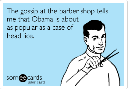 The gossip at the barber shop tells me that Obama is about
as popular as a case of
head lice.