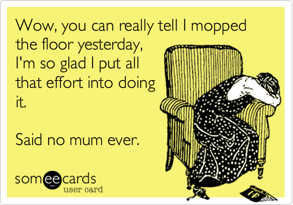 Wow, you can really tell I mopped the floor yesterday,
I'm so glad I put all
that effort into doing
it.

Said no mum ever.