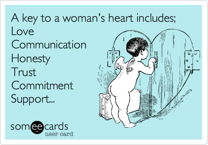 A key to a woman's heart includes;
Love
Communication
Honesty
Trust
Commitment
Support...
