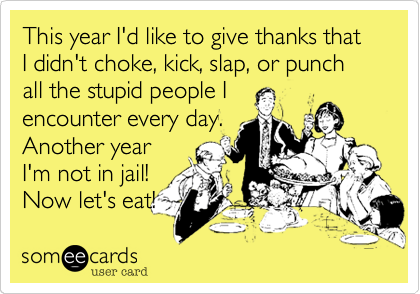 This year I'd like to give thanks that I didn't choke, kick, slap, or punch all the stupid people I
encounter every day.
Another year
I'm not in jail!
Now let's eat!
