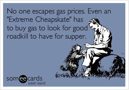 No one escapes gas prices. Even an "Extreme Cheapskate" has
to buy gas to look for good
roadkill to have for supper.
