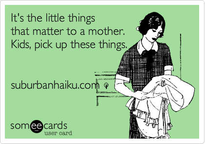 It's the little things
that matter to a mother.
Kids, pick up these things.


suburbanhaiku.com