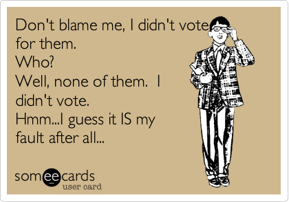 Don't blame me, I didn't vote
for them. 
Who? 
Well, none of them.  I 
didn't vote.
Hmm...I guess it IS my
fault after all...