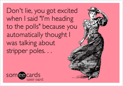 Don't lie, you got excited
when I said "I'm heading
to the polls" because you
automatically thought I
was talking about
stripper poles. . .