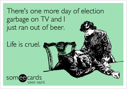 There's one more day of election garbage on TV and I
just ran out of beer.

Life is cruel.