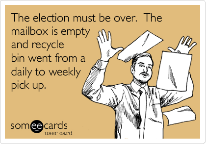 The election must be over.  The mailbox is empty
and recycle
bin went from a
daily to weekly
pick up.