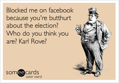 Blocked me on facebook
because you're butthurt
about the election?
Who do you think you
are? Karl Rove?