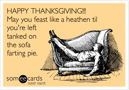 HAPPY THANKSGIVING!!!May you feast like a heathen til you're lefttanked onthe sofafarting pie.