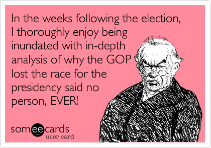 In the weeks following the election, I thoroughly enjoy being
inundated with in-depth
analysis of why the GOP
lost the race for the
presidency said no
person, EVER!