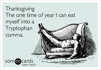 ThanksgivingThe one time of year I can eat myself into aTryptophancomma.