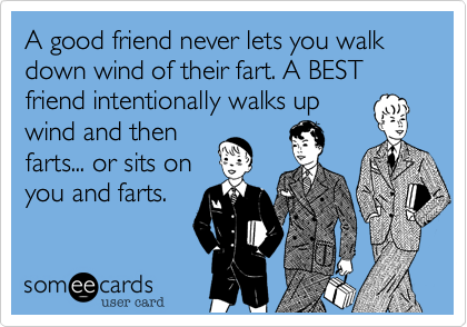 A good friend never lets you walk down wind of their fart. A BEST friend intentionally walks upwind and thenfarts... or sits onyou and farts.