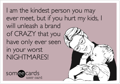 I am the kindest person you may ever meet, but if you hurt my kids, I will unleash a brandof CRAZY that youhave only ever seenin your worstNIGHTMARES!