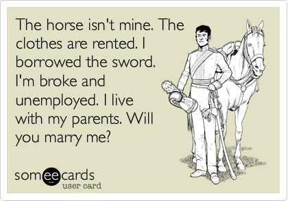 The horse isn't mine. The
clothes are rented. I
borrowed the sword.
I'm broke and
unemployed. I live
with my parents. Will
you marry me?