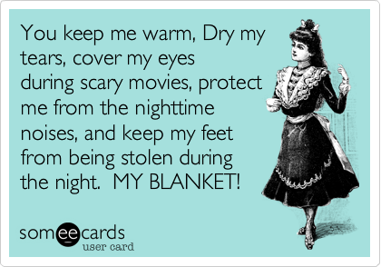 You keep me warm, Dry my
tears, cover my eyes
during scary movies, protect
me from the nighttime
noises, and keep my feet
from being stolen during
the night.  MY BLANKET! 