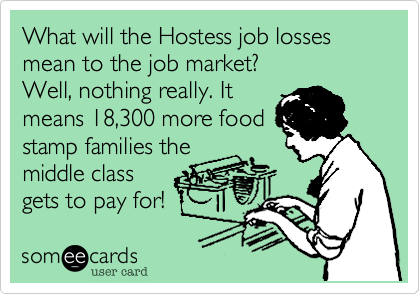 What will the Hostess job losses mean to the job market?
Well, nothing really. It
means 18,300 more food
stamp families the
middle class
gets to pay for! 