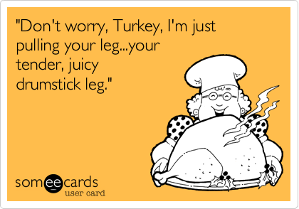 "Don't worry, Turkey, I'm just pulling your leg...your
tender, juicy 
drumstick leg."