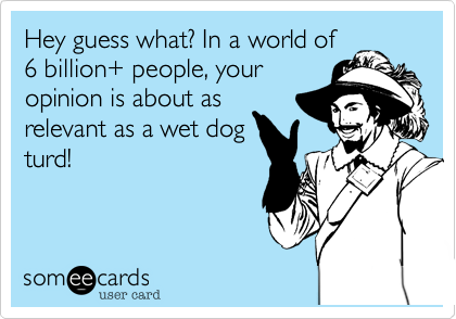 Hey guess what? In a world of
6 billion+ people, your
opinion is about as
relevant as a wet dog
turd!