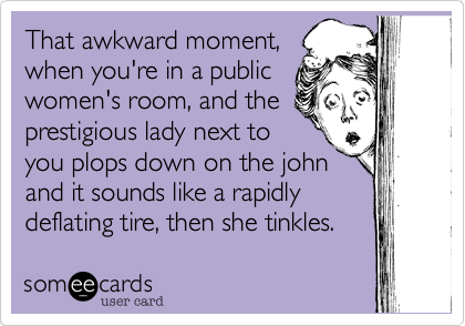That awkward moment,
when you're in a public
women's room, and the
prestigious lady next to
you plops down on the john
and it sounds like a rapidly
deflating tire, then she tinkles.