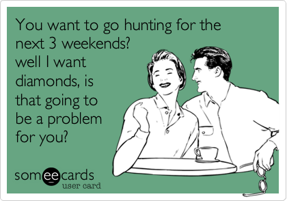 You want to go hunting for the
next 3 weekends?
well I want
diamonds, is
that going to
be a problem
for you?