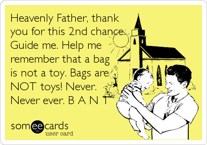 Heavenly Father, thank
you for this 2nd chance.
Guide me. Help me
remember that a bag
is not a toy. Bags are
NOT toys! Never.
Never ever. B A N T