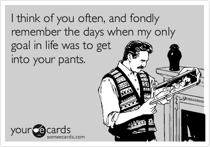 I think of you often, and fondly remember the days when my only goal in life was to get
into your pants.