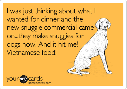 I was just thinking about what I wanted for dinner and the 
new snuggie commercial came
on...they make snuggies for
dogs now! And it hit me! Vietnamese food!
