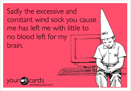 Sadly the excessive and
constant wind sock you cause
me has left me with little to
no blood left for my
brain. 