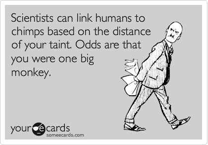 Scientists can link humans to
chimps based on the distance
of your taint. Odds are that
you were one big
monkey.