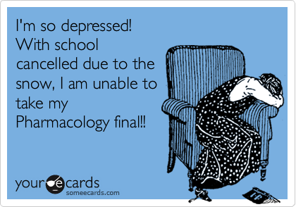 I'm so depressed! 
With school
cancelled due to the
snow, I am unable to
take my
Pharmacology final!!