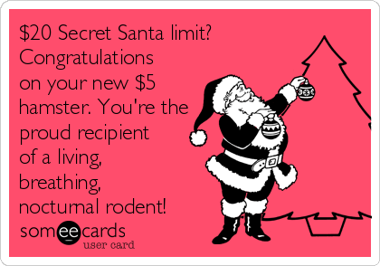 $20 Secret Santa limit?
Congratulations
on your new $5
hamster. You're the
proud recipient
of a living,
breathing,
nocturnal rodent!