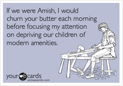 If we were Amish, I would 
churn your butter each morning before focusing my attention
on depriving our children of
modern amenities.