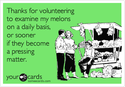 Thanks for volunteering 
to examine my melons 
on a daily basis,
or sooner 
if they become
a pressing
matter.