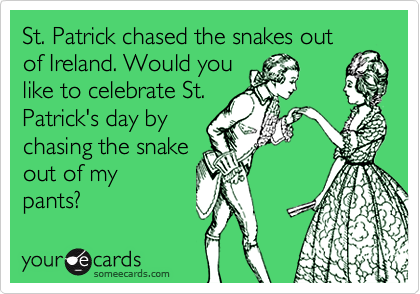 St. Patrick chased the snakes out
of Ireland. Would you
like to celebrate St.
Patrick's day by
chasing the snake
out of my
pants?
