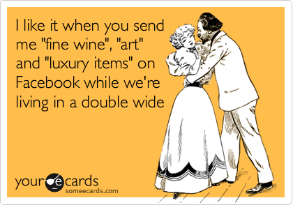 I like it when you send
me "fine wine", "art"
and "luxury items" on
Facebook while we're
living in a double wide