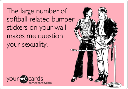 The large number of
softball-related bumper
stickers on your wall
makes me question
your sexuality.