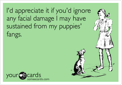 I'd appreciate it if you'd ignore
any facial damage I may have
sustained from my puppies'
fangs.