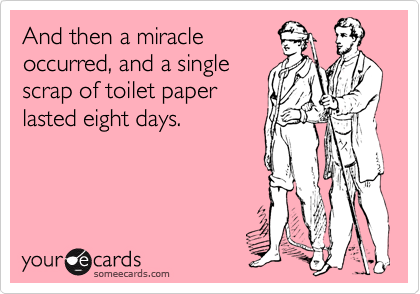 And then a miracle
occurred, and a single
scrap of toilet paper
lasted eight days.