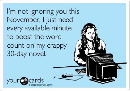 I'm not ignoring you this November, I just need
every available minute
to boost the word
count on my crappy
30-day novel.
