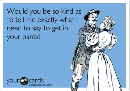 Would you be so kind as
to tell me exactly what I
need to say to get in
your pants?