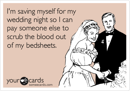 I'm saving myself for my
wedding night so I can
pay someone else to
scrub the blood out
of my bedsheets.