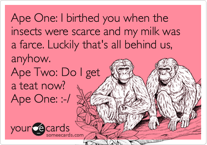 Ape One: I birthed you when the insects were scarce and my milk was a farce. Luckily that's all behind us, anyhow.
Ape Two: Do I get
a teat now? 
Ape One: :-/