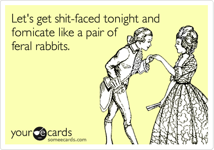 Let's get shit-faced tonight and fornicate like a pair of
feral rabbits.
 